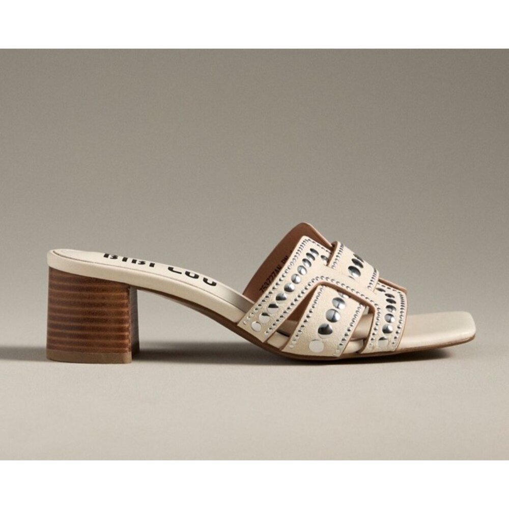 Anthropologie Bibi Lou Holly Studded Heels Ivory Leather Slide Mule 38 7.5 NIB
